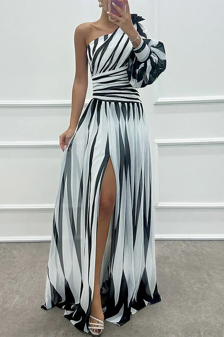 Aurora | Elegant Striped Dress with One Shoulder