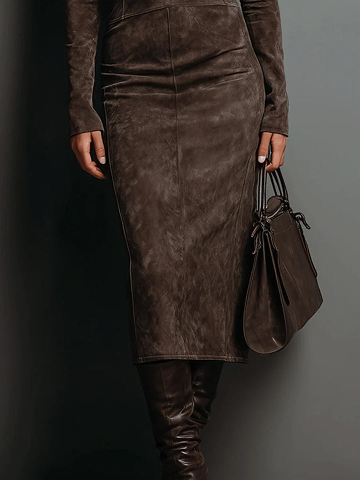 Seraphina High Neck Long Sleeve Suede Midi Dress