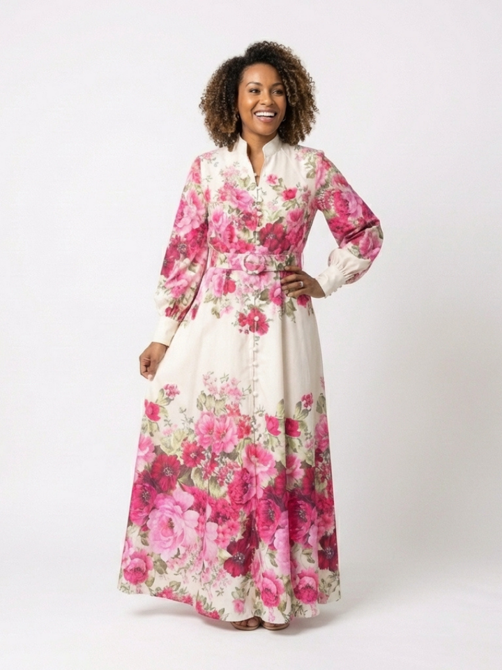 Kennedy - Long Sleeve Floral Belted Maxi Dress