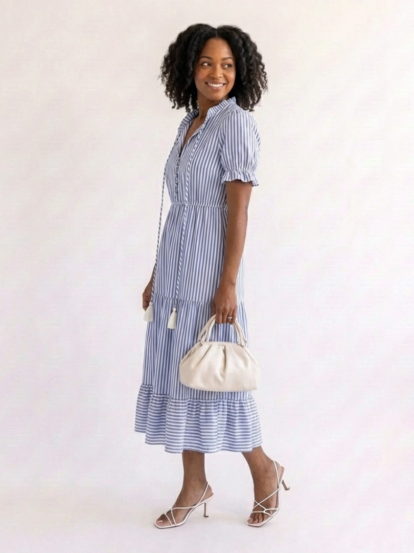 Dakota - Short Sleeve Striped Tiered Midi Dress