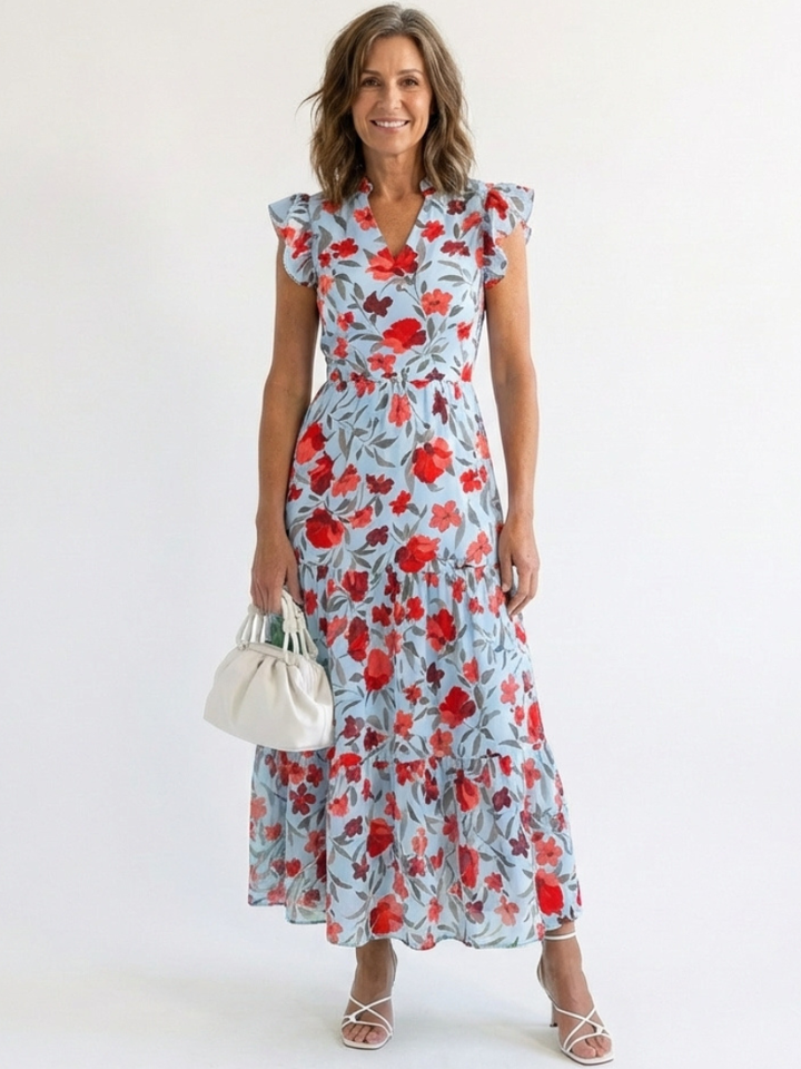 Lila - Floral V-Neck Tiered Midi Dress