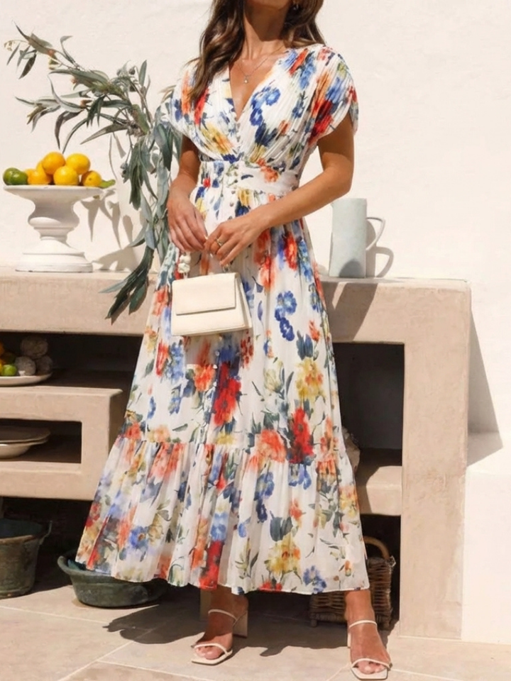 Savannah - Short Sleeve Pleated Floral Midi Dress