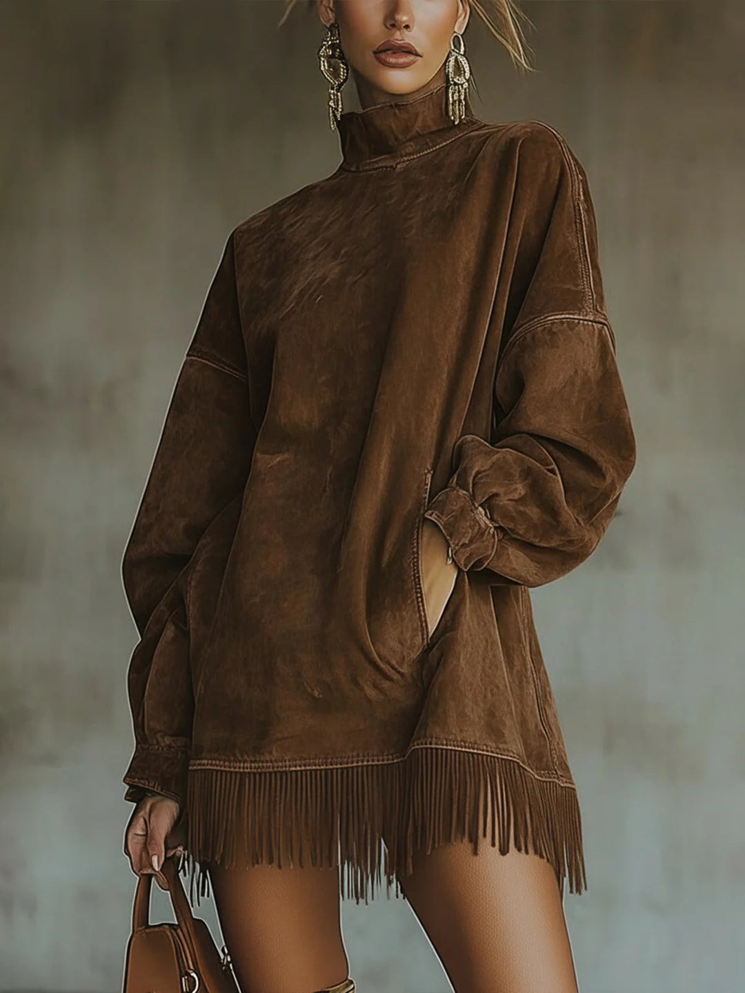 Lavinia Faux Suede Turtleneck Dress With Fringe Hem