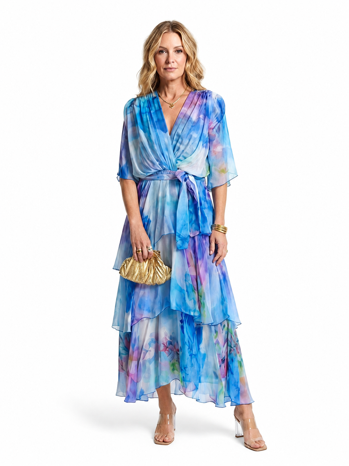 Calista - Sheer Layered V Neck Tie Waist Maxi Dress