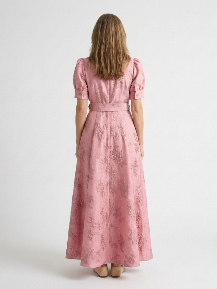 Xanthea - Short Sleeve Belted Floral Textured Maxi Shirt Dress