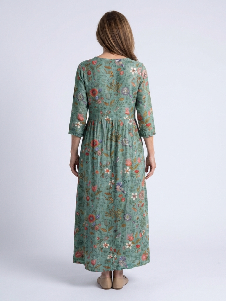 Marina - Floral V Neck Three Quarter Sleeve Maxi Dress