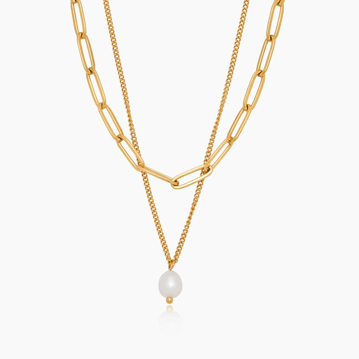 Paperclip & Pearl Drop Layered Necklace