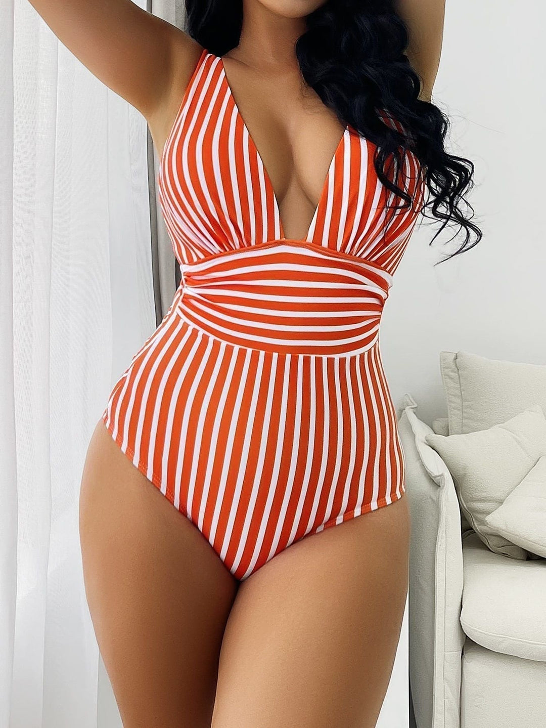 V-Neck Retro Striped Swimsuit