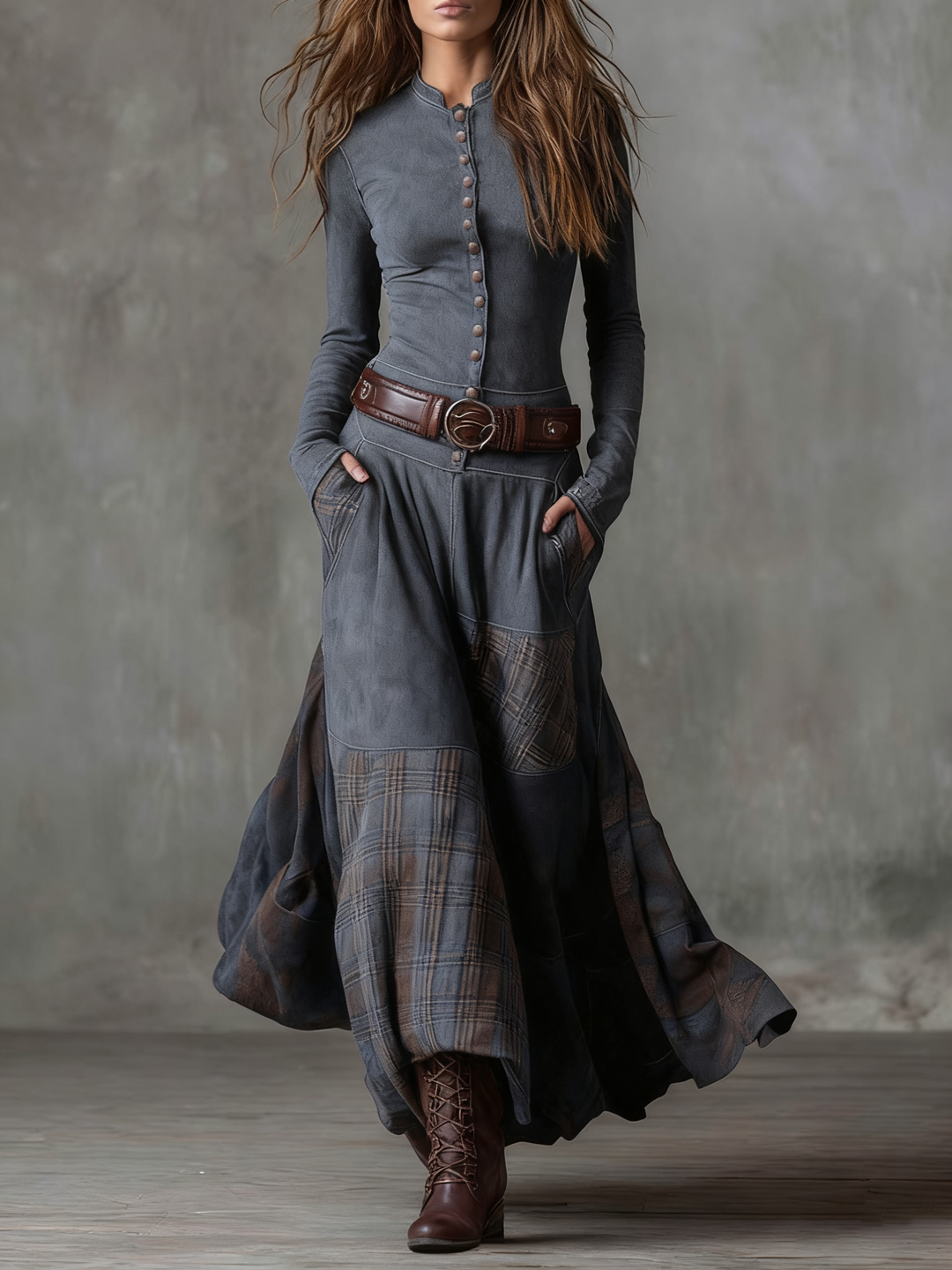 Leone | Vintage Long Suede Checkered Dress (Includes Belt)