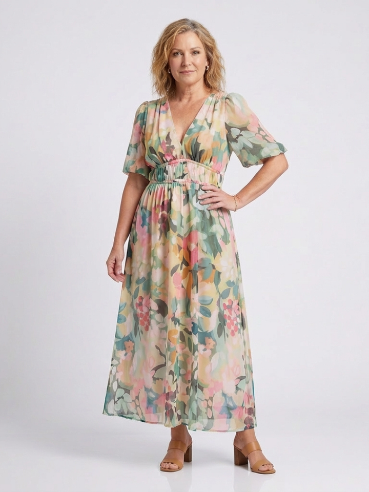 Eulalie - V Neck Short Sleeve Gathered Waist Midi Dress